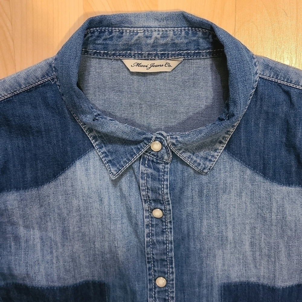 Mavi Denim Chambray Pearl Snap Button Down Shirt Faded Medium Wash Long Sleeves - Picture 6 of 11